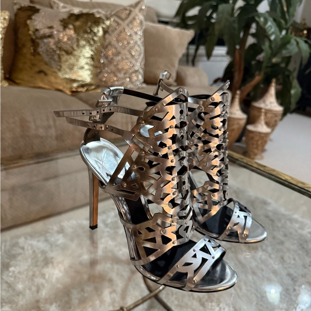 B Brian Atwood Metallic Silver Heels